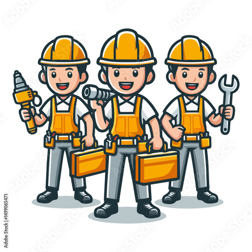 Colorful builder mascot vector cartoon style holding tool wearing gloves and smiling expression for construction business branding contractor services logo design