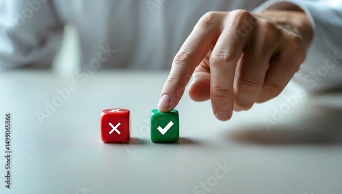 Choosing a correct decision choosing right over wrong with dice and a finger
