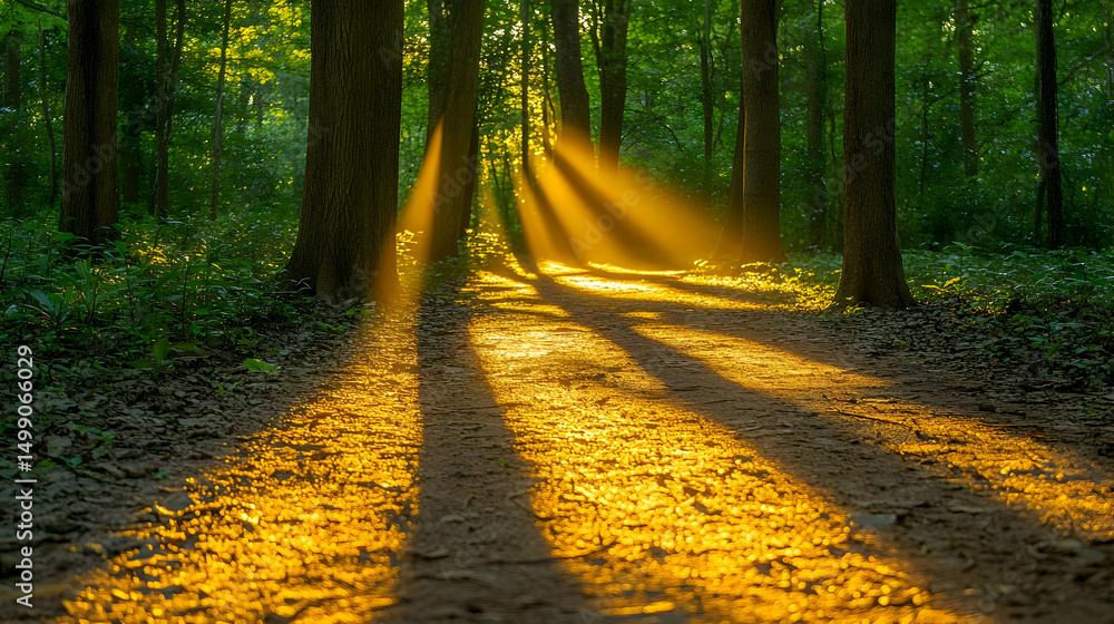 Fototapeta premium Golden Sunlight Streaming Through Forest Trees Illuminating Path