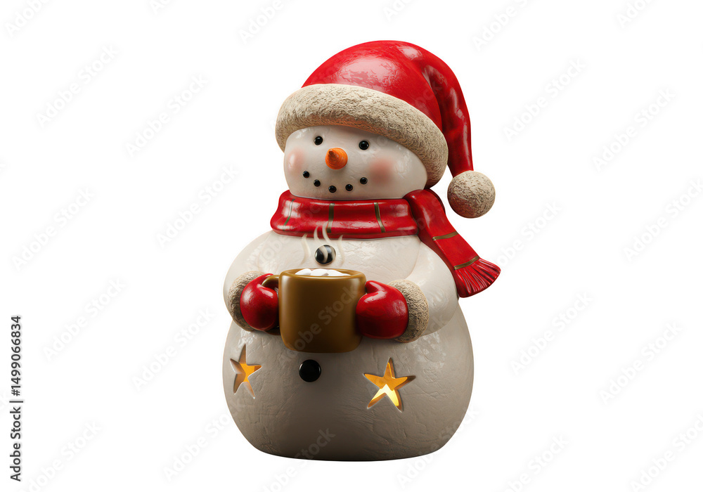 Festive snowman holding hot chocolate mug isolated on black background Festive snowman holding hot chocolate mug isolated on black background