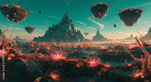 Otherworldly bloom: A vibrant landscape filled with luminous flora and hovering landmasses under a dreamy teal sky evokes a sense of enchanted wonder