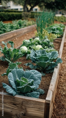  home vegetable garden with cabbages, kale , sustainable lifestyle 