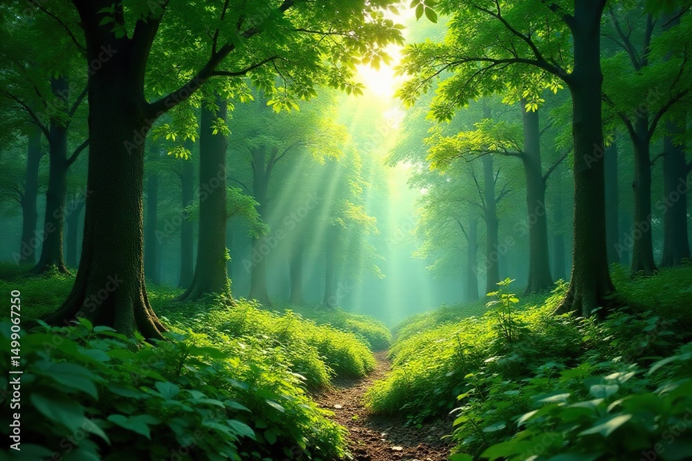 Fototapeta premium Untamed wilderness, dense forest canopy, sunlight filtering through leaves , mysterious, undergrowth