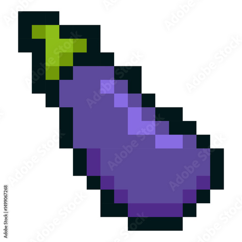 Retro pixel art vector illustration of a purple eggplant with a green stem. Designed in 8 bit video game style, this vibrant vegetable icon is ideal for digital food designs, farming games, kitchen