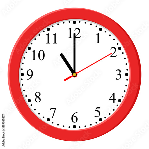 Red Clock icon design on a light background, flat style. Time icon. 11 o'clock. Circle badge, symbol, clock sign for website design. 