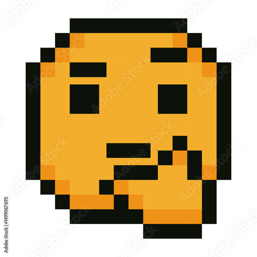 Pixel art illustration of the classic Thinking Face emoji featuring a yellow face with a raised eyebrow, furrowed brow, and hand on chin. Rendered in retro 8 bit style, ideal for nostalgic, meme or