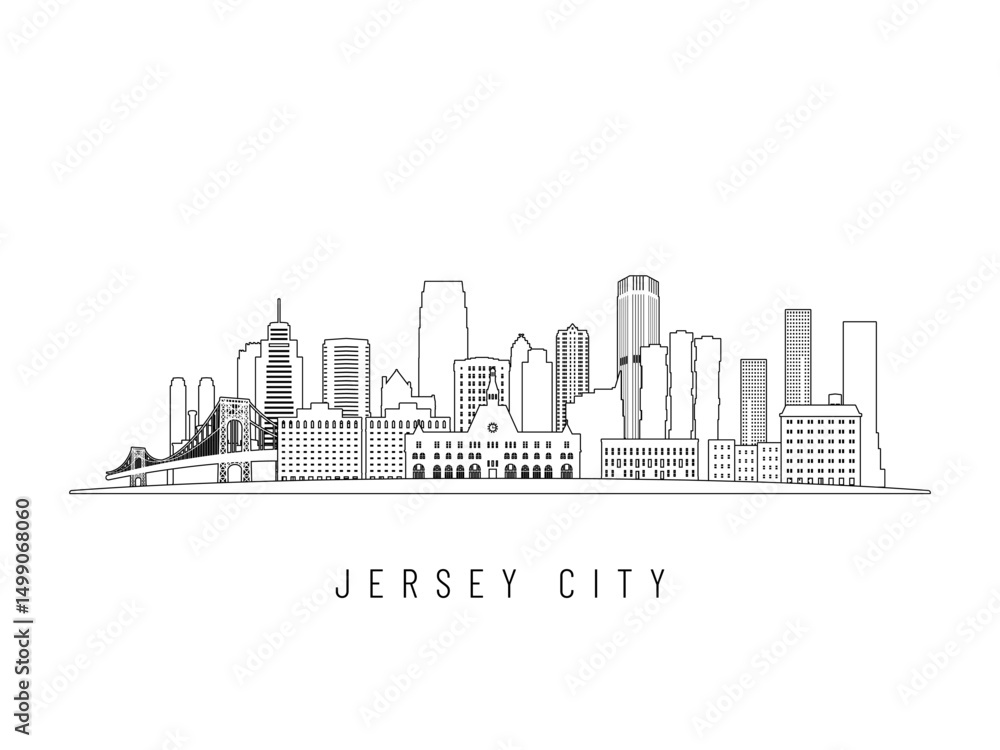 Fototapeta premium Detailed Jersey City skyline vector illustration. Jersey City buildings in line art style, perfect for modern designs.