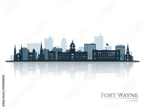 Fort Wayne skyline silhouette with reflection. Landscape Fort Wayne, Indiana. Vector illustration.