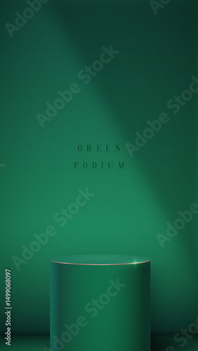 Minimalist design featuring smooth green cylinder against deep green backdrop, highlighting subtle shadows and textures