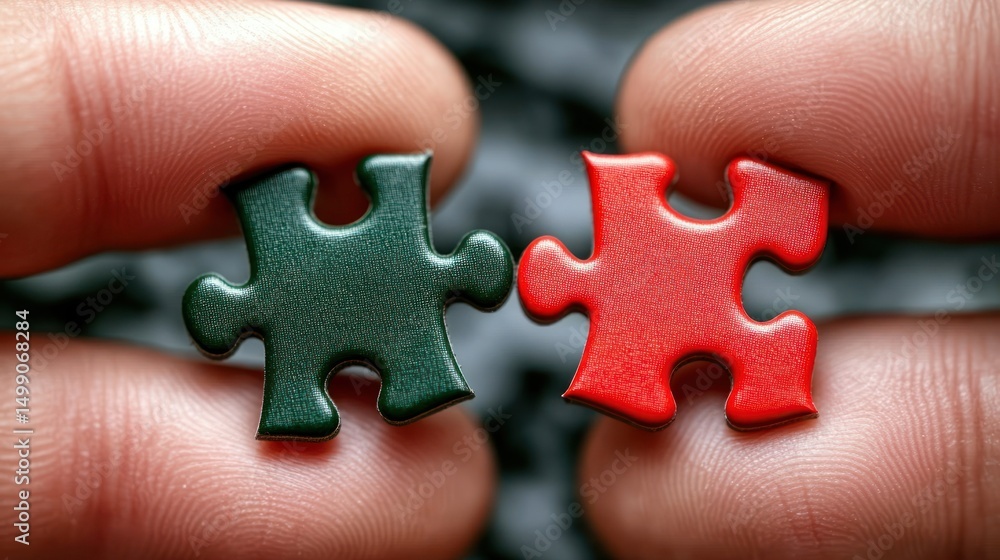 Fototapeta premium Fingers joining red and green puzzle pieces against a grey background; solution concept
