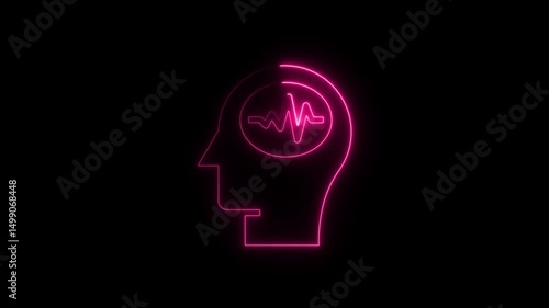 Animated neon head with brain waves suggesting mental activity and thought processes on black background