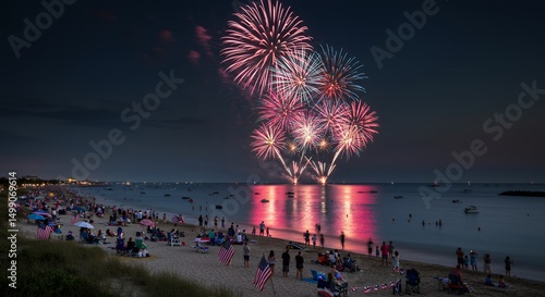 Fireworks over Beach Crowd at Night