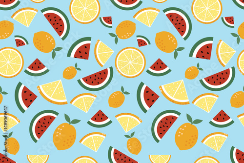 Fun and colorful seamless fruit pattern featuring lemon slices, oranges, and watermelon on a bright blue background. Ideal for summer-themed textile prints, packaging, kids' products, and digital wall