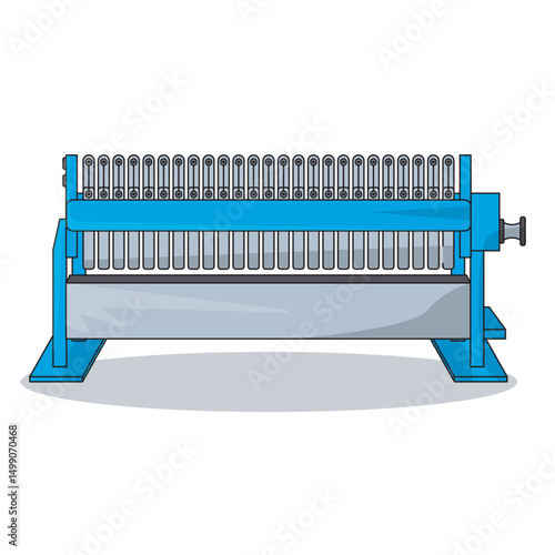 Industrial filter press illustration showing mechanical filtration system used in wastewater treatment, mining, and chemical industries for solid-liquid separation.