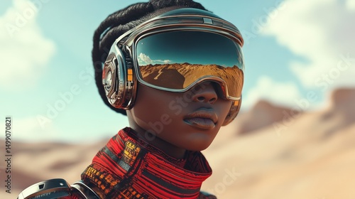 Futuristic african woman in goggles reflecting desert, digital art