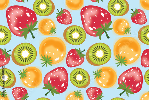Bright and cheerful seamless fruit pattern featuring strawberries, kiwis, and oranges on a soft blue background. Perfect for summer-themed fabric, textile prints, wrapping paper, and digital wallpaper