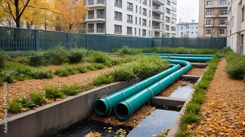Modern city water supply, sewerage system shown. Underground plastic pipes laid in ground near residential buildings. Green plants grow near pipes. Autumn leaves on ground. Urban infrastructure