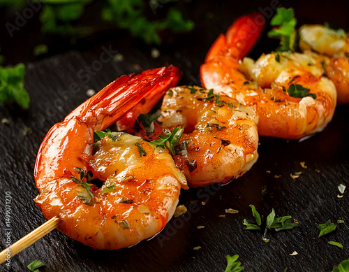 Grilled shrimp skewer with herbs and garlic butter, macro food – shrimp, seafood