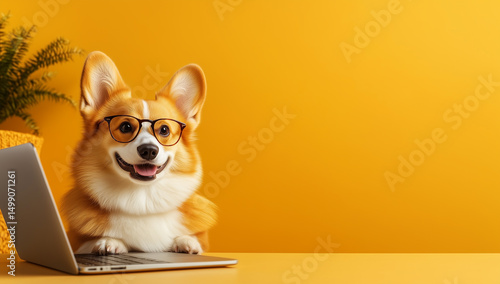 A happy Corgi sits before a laptop on a bright yellow background, reflecting perfect modern lifestyle, pet intelligence, and cheerful productivity