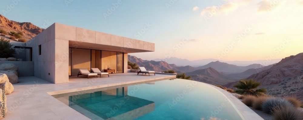 Fototapeta premium Geometric concrete house, desert view, infinity pool, light, minimalist