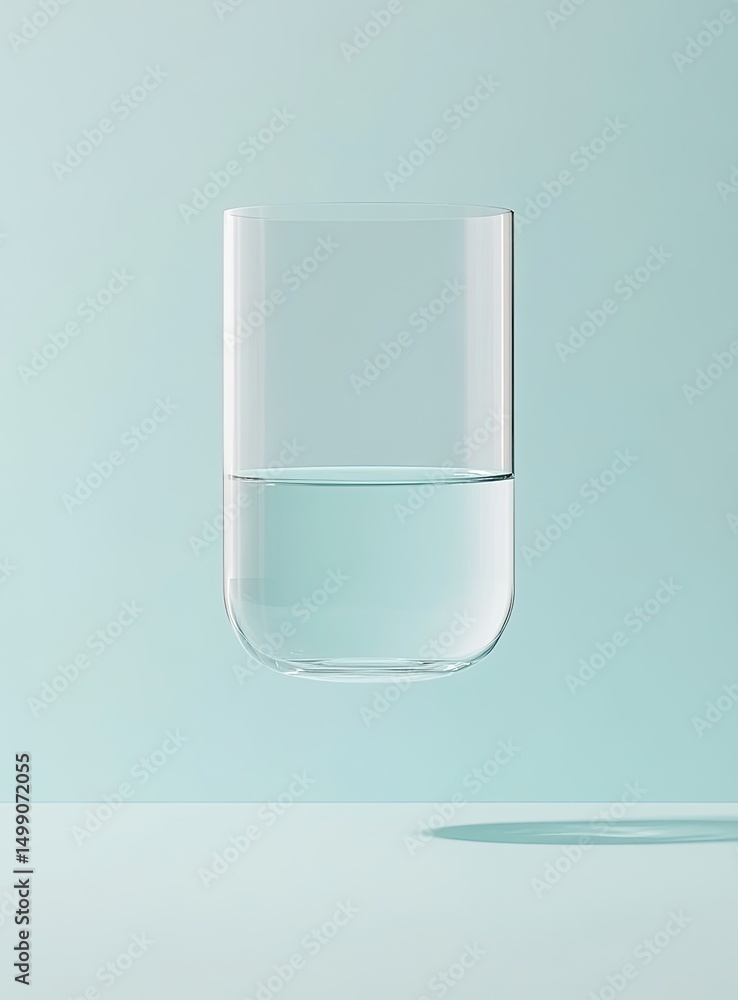 A cylindrical glass, half-filled with clear liquid, floats subtly above a pale teal surface, casting a faint shadow A cylindrical glass, half-filled with clear liquid, floats subtly above a pale teal surface, casting a faint shadow