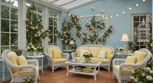 Sunny sunroom decor with wicker furniture and flowers