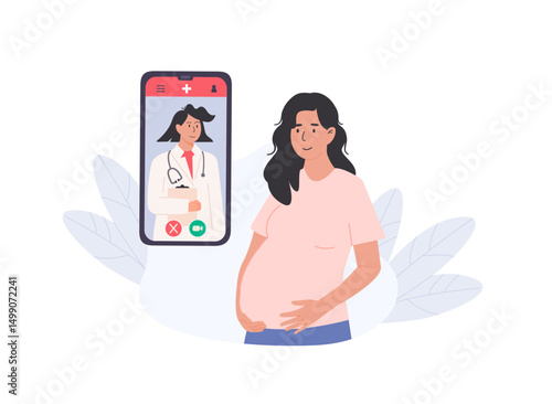 Smiling pregnant woman using telemedicine app for online prenatal consultation with female doctor. Virtual checkup with midwife. Modern digital healthcare concept. Vector illustration.