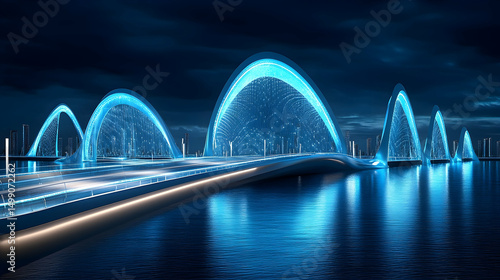 Futuristic Blue Bridge Over Water at Night with City Skyline in