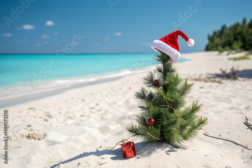 Small Decorated Christmas Tree with Santa Hat on White Sandy Beach with Turquoise Ocean and Blue Sky for Tropical Holiday Celebration and Summer Christmas Seasonal Home Decor Festive Beachside Scene!!