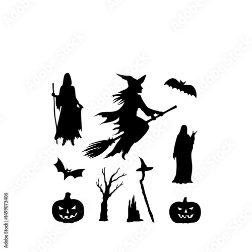 Ultra-Realistic Witch Silhouette Set - Flying Broomstick & Halloween Vector Pack