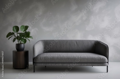 modern gray sofa with indoor plant in a minimalist living room