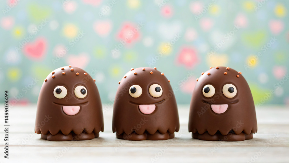 Obraz premium Cute Chocolate Monsters with Eyes and Smiles on Colorful Background
