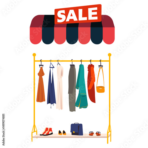 Vector image of Sale poster with sale tags, clothes hanger with clothes, isolated on a white background