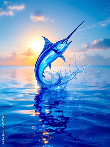 Sculptural blue glass marlin leaping from reflective water. Elegant and dynamic design with shimmering surface, combining marine beauty and artistic craftsmanship in a surreal visual