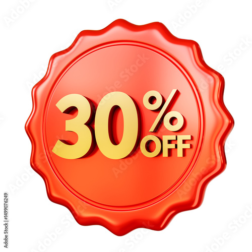 Red discount badge 30% OFF isolated on transparent background. 3D render.
