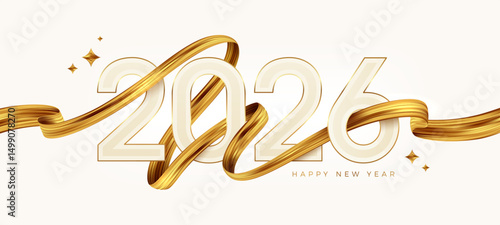2026 New Year  logo with golden paint brushstroke.   New Year sign with golden ribbon. Vector illustration.