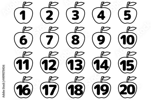 りんごの数字アイコンセット　20までの数字　(線画)