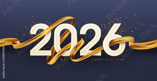 2026 New Year  logo with golden paint brushstroke and golden confetti. New Year sign with golden ribbon. Vector illustration.
