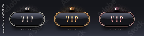 3d VIP sign with metal frame and crown. Gold, silver and bronze metallic luxury sign on black background. Vector set.
