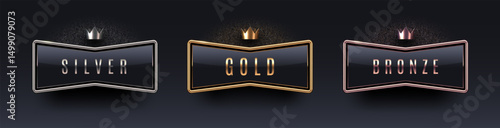 3d rank award sign with metal frame and crown. Gold, silver and bronze metallic rank sign on black background. Vector set.