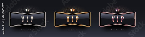 3d VIP sign with metal frame and crown. Gold, silver and bronze metallic luxury sign on black background. Vector set.