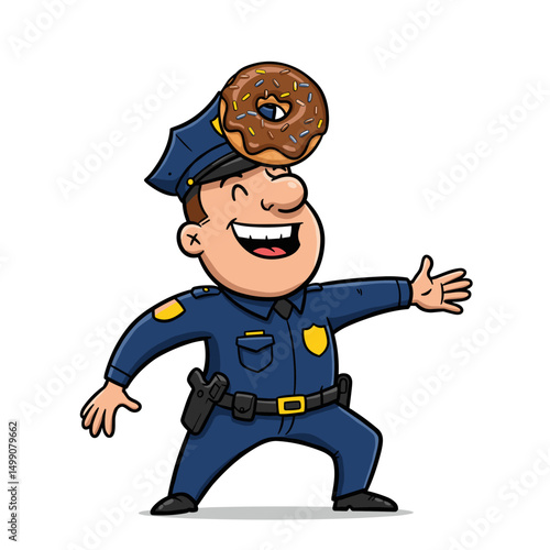 A cheerful cartoon policeman with rosy cheeks is balancing three sprinkled donuts on top of his hat, looking proud and happy.
