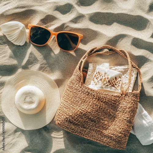 Beach bag filled with all the necessities for a perfect summer day by the ocean or lake.