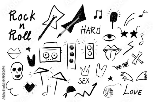Rock n roll punk music grunge doodle on isolated background. Vector set with Rock elements, guitars, music speakers, skull, heart, tape recorder, inscriptions, drums. Design for tattoo, stickers, logo