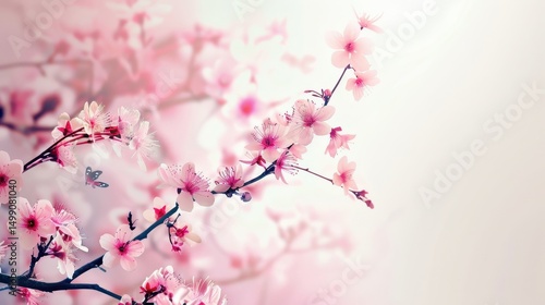 pink cherry blossom branches on the white background