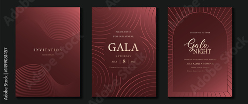 Luxury wedding invitation card background vector. Golden elegant gold wavy lines on red background. Premium design illustration for wedding, vip cover template, banner, poster.