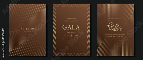 Luxury wedding invitation card background vector. Golden elegant geometric shape, gold wavy lines on brown background. Premium design illustration for wedding and vip cover template, banner, poster.