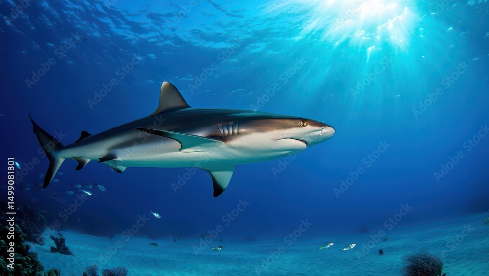 Obraz premium Caribbean reef shark swimming in the blue ocean water with sunlight