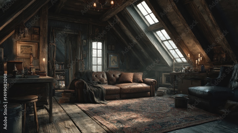 Fototapeta premium Vintage cozy attic interior with leather sofa, desk and a window view