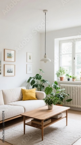 Modern Living Room with White Sofa and Green Plants
